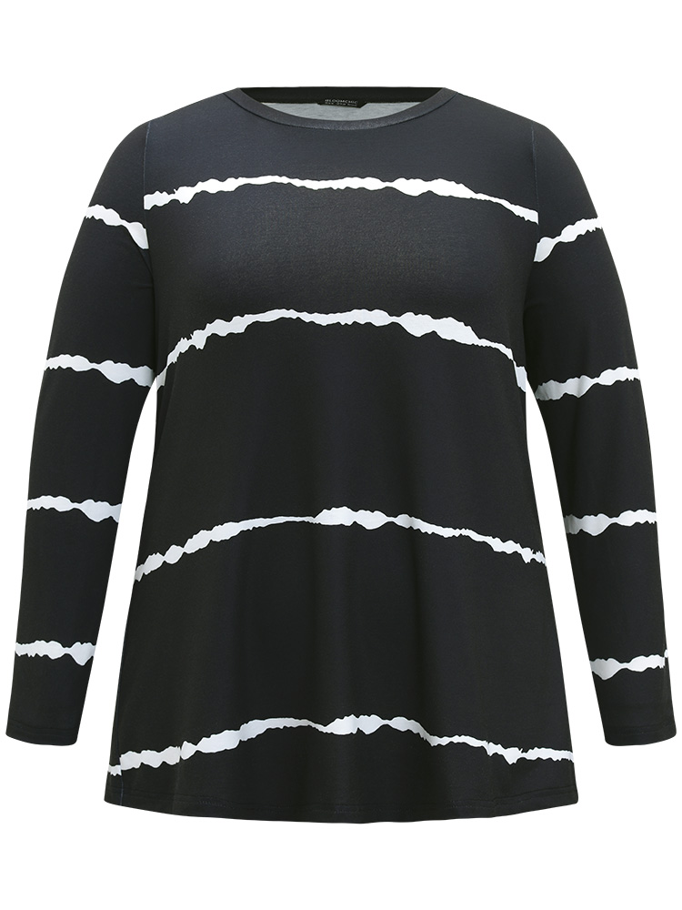 

Striped Print Crew Neck Long Sleeve T-shirt, Black