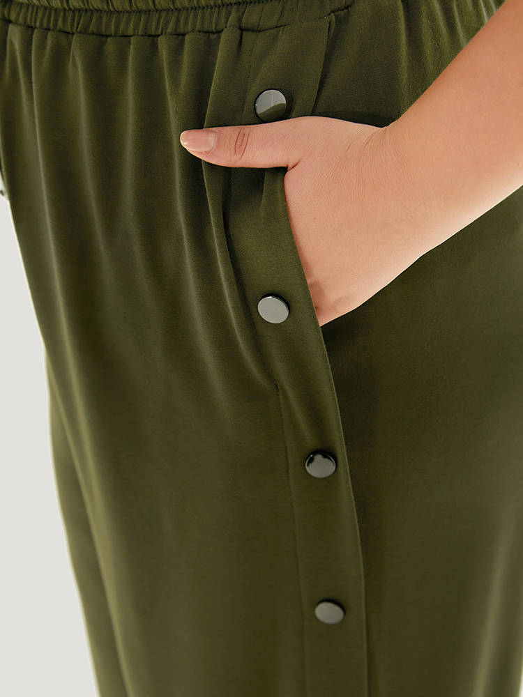 

Plain Pocket Elastic Waist Button Detail Drawstring Sweatpants ArmyGreen Plus Size Women Casual Dailywear Plain  Bloomchic