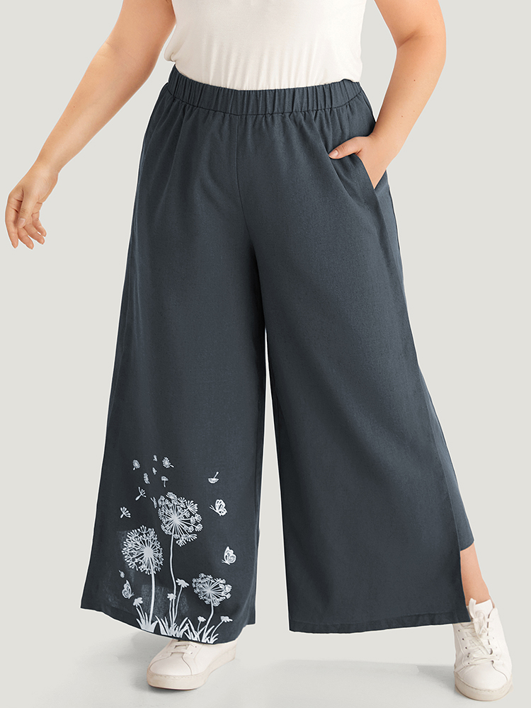 

Plus Size Silhouette Floral Print Elastic Waist Wide leg Pants Women SlateGray Casual Straight Leg High Rise Dailywear Pants BloomChic