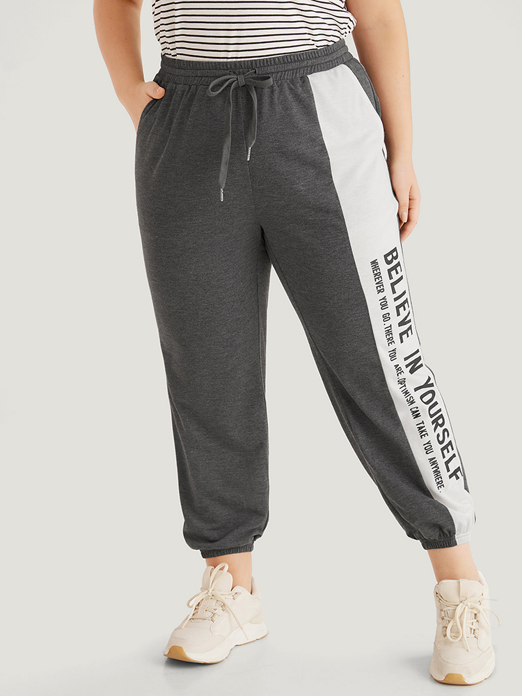 

Letter Print Bowknot Contrast Patchwork Pocket Sweatpants Gray Plus Size Women Casual Everyday Contrast  Bloomchic