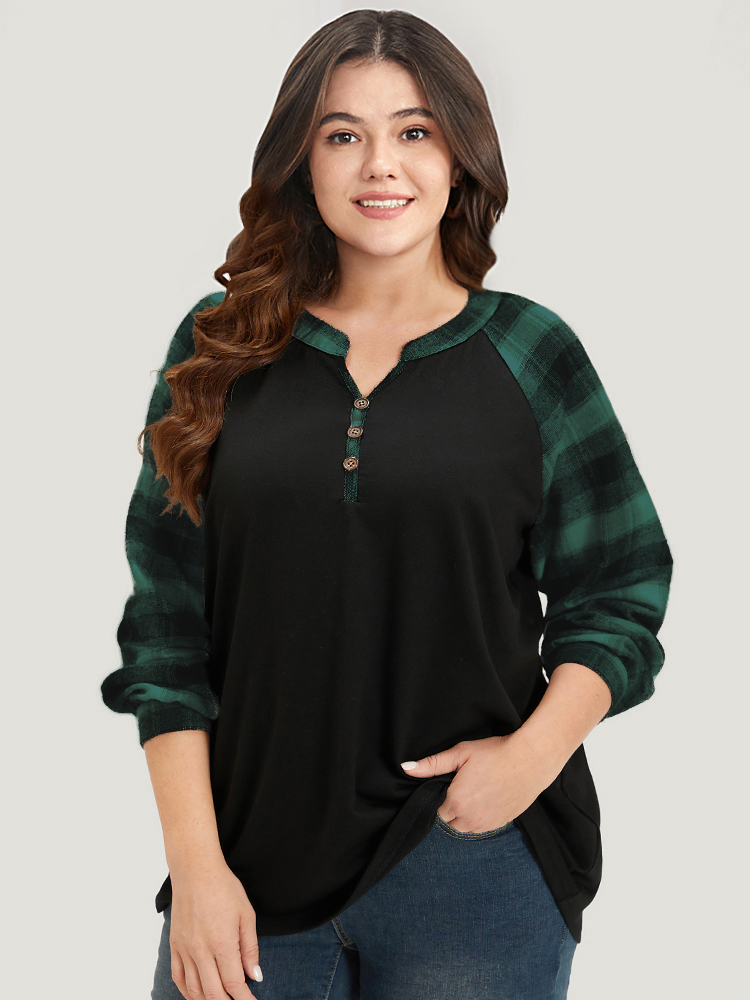 

Plus Size Plaid Patchwork Notched Button Detail Sweatshirt Women Green Casual Patchwork Notched collar Everyday Sweatshirts BloomChic