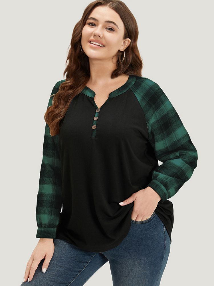 Plus Size Plaid Patchwork Notched Button Detail Sweatshirt Women Green Casual Patchwork Notched collar Everyday Sweatshirts BloomChic 14-16/1X 