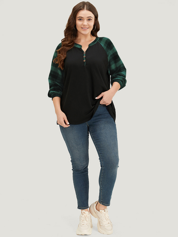 Plus Size Plaid Patchwork Notched Button Detail Sweatshirt Women Green Casual Patchwork Notched collar Everyday Sweatshirts BloomChic 14-16/1X 