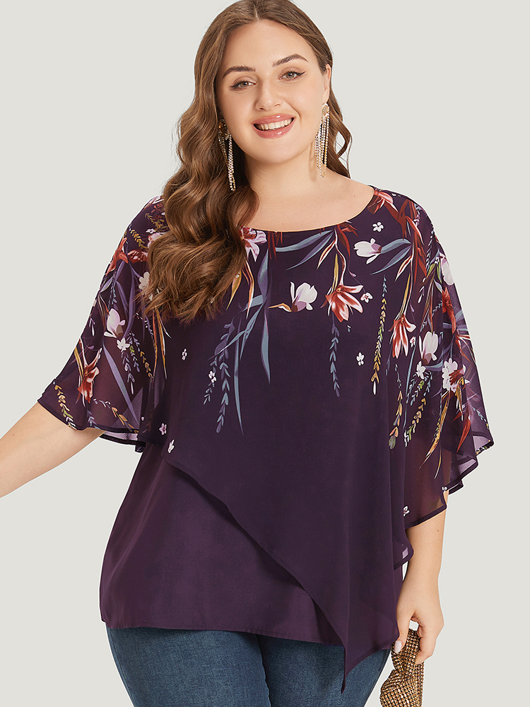 

Plus Size Purple Floral Print Crochet Mesh Asymmetrical Batwing Sleeve Blouse Women Glamour Short sleeve Round Neck Going out Blouses BloomChic