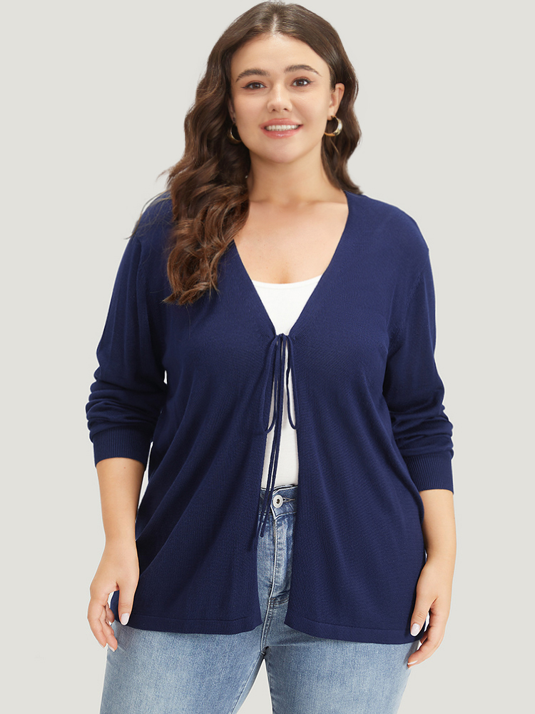 

Plus Size Supersoft Essentials Plain Tie Front Elastic Cuffs Cardigan Indigo Women Casual Loose Long Sleeve Everyday Cardigans BloomChic