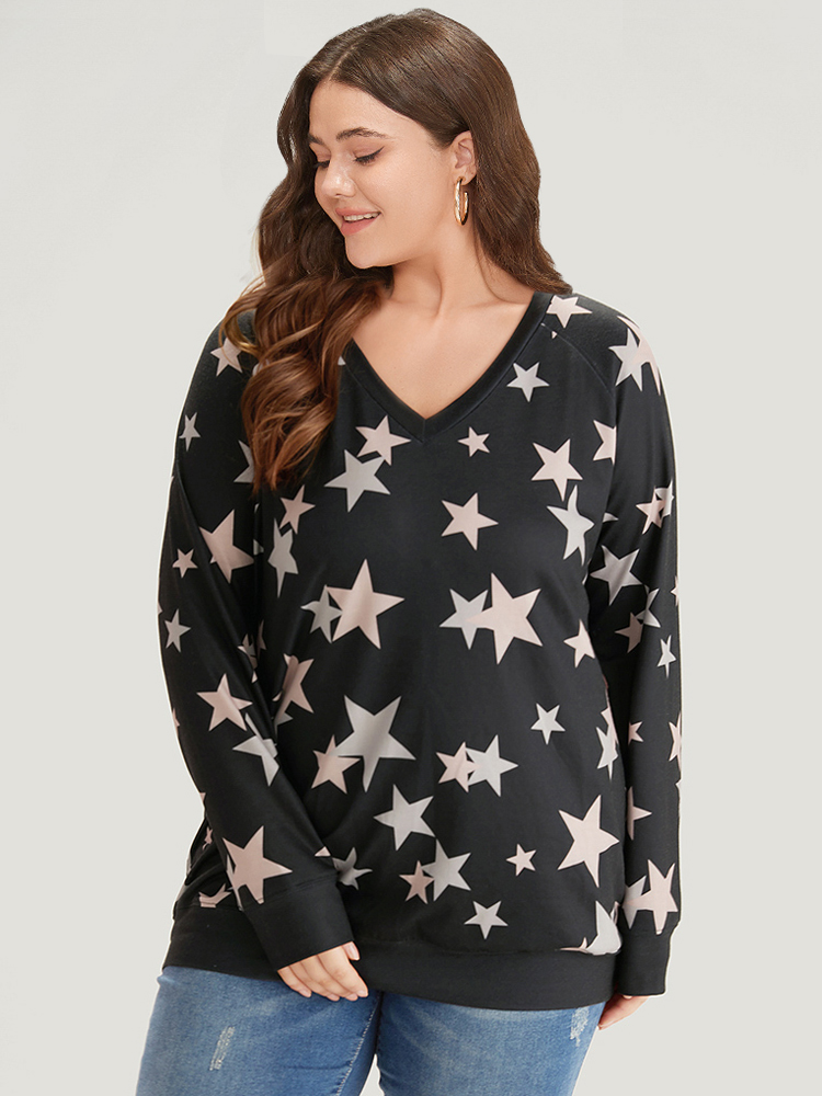 Plus Size Star Print V Neck Raglan Sleeve Sweatshirt Women Black Elegant Elastic cuffs V-neck Dailywear Sweatshirts BloomChic 18-20/2X 