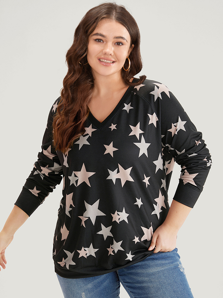 Plus Size Star Print V Neck Raglan Sleeve Sweatshirt Women Black Elegant Elastic cuffs V-neck Dailywear Sweatshirts BloomChic 18-20/2X 