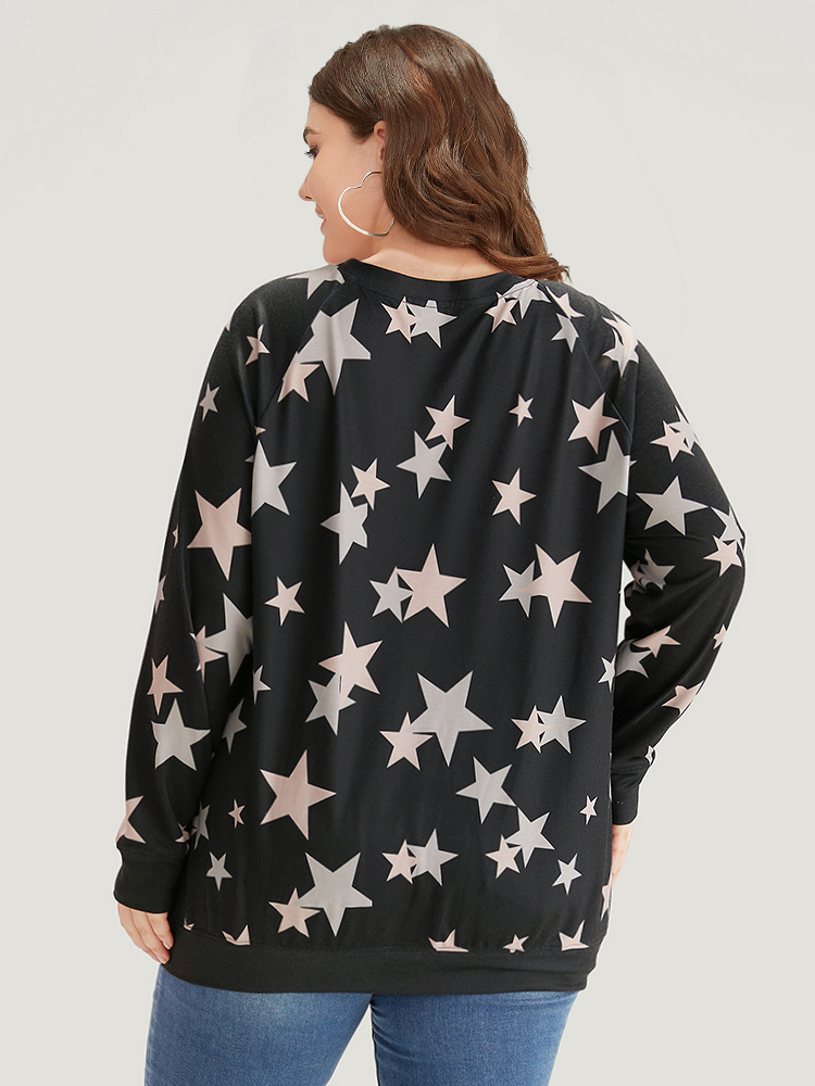Plus Size Star Print V Neck Raglan Sleeve Sweatshirt Women Black Elegant Elastic cuffs V-neck Dailywear Sweatshirts BloomChic 18-20/2X 