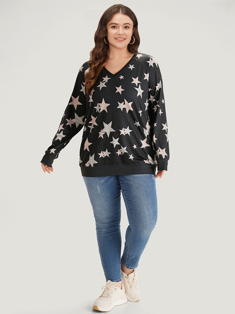 Plus Size Star Print V Neck Raglan Sleeve Sweatshirt Women Black Elegant Elastic cuffs V-neck Dailywear Sweatshirts BloomChic 18-20/2X 