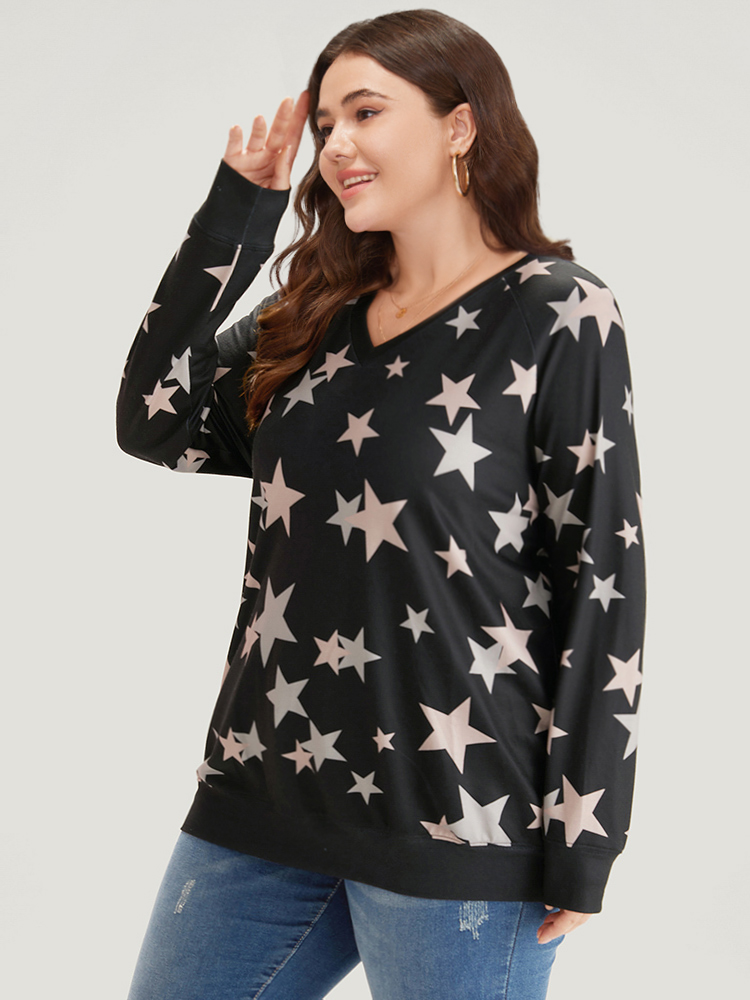 

Plus Size Star Print V Neck Raglan Sleeve Sweatshirt Women Black Elegant Elastic cuffs V-neck Dailywear Sweatshirts BloomChic