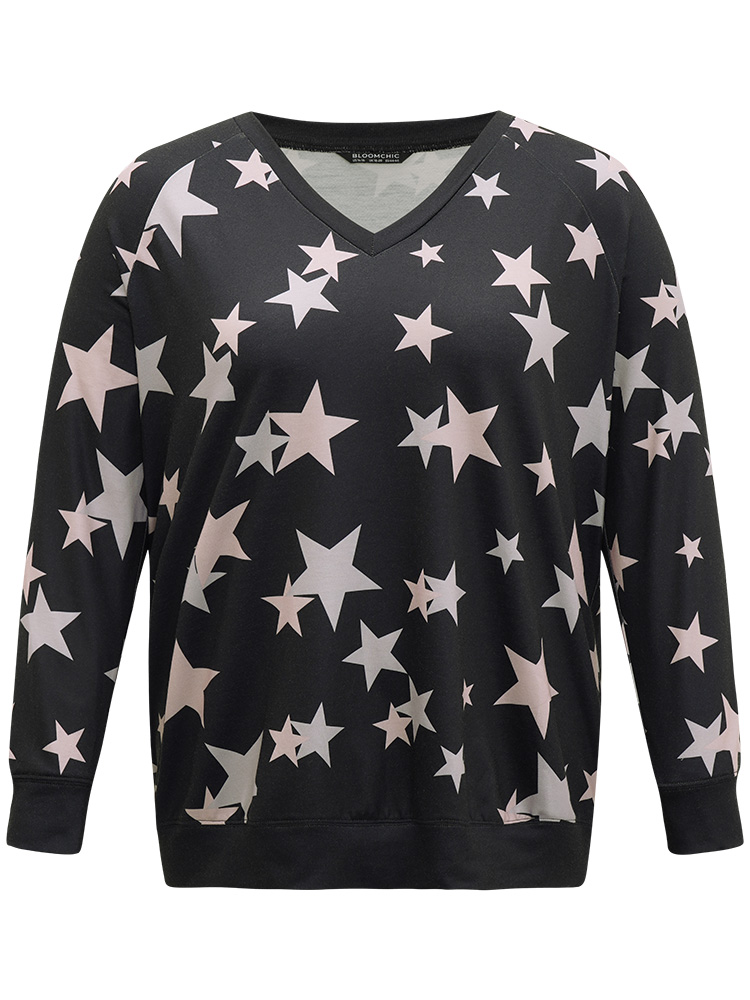 Plus Size Star Print V Neck Raglan Sleeve Sweatshirt Women Black Elegant Elastic cuffs V-neck Dailywear Sweatshirts BloomChic 18-20/2X 