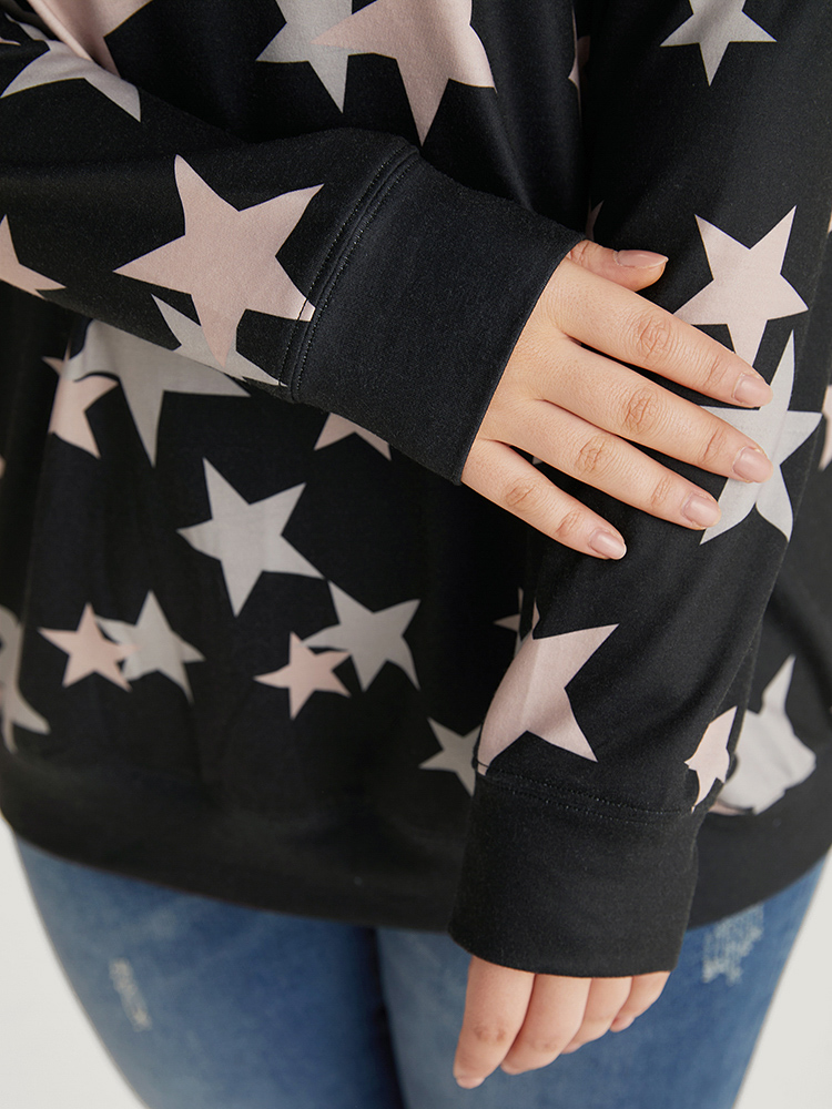 Plus Size Star Print V Neck Raglan Sleeve Sweatshirt Women Black Elegant Elastic cuffs V-neck Dailywear Sweatshirts BloomChic 18-20/2X 