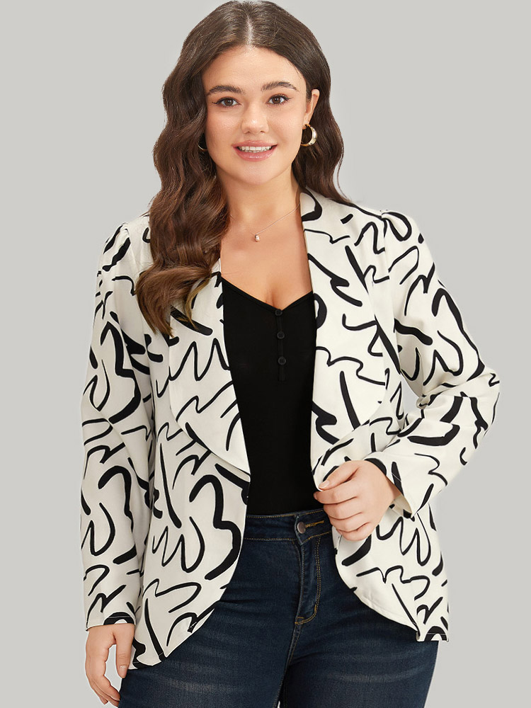 

Plus Size Halloween Line Print Lapel Collar Open Front Blazer Beige Women Work Graphic Contrast Sleeve Long Sleeve Lapel Collar  Office Blazers BloomChic