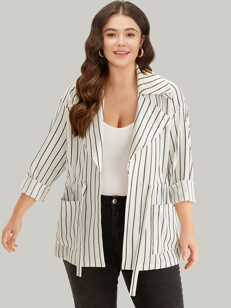 

Plus Size Striped Suit Collar Drawstring Patched Pocket Coat Women White Casual Knotted Ladies Everyday Winter Coats BloomChic