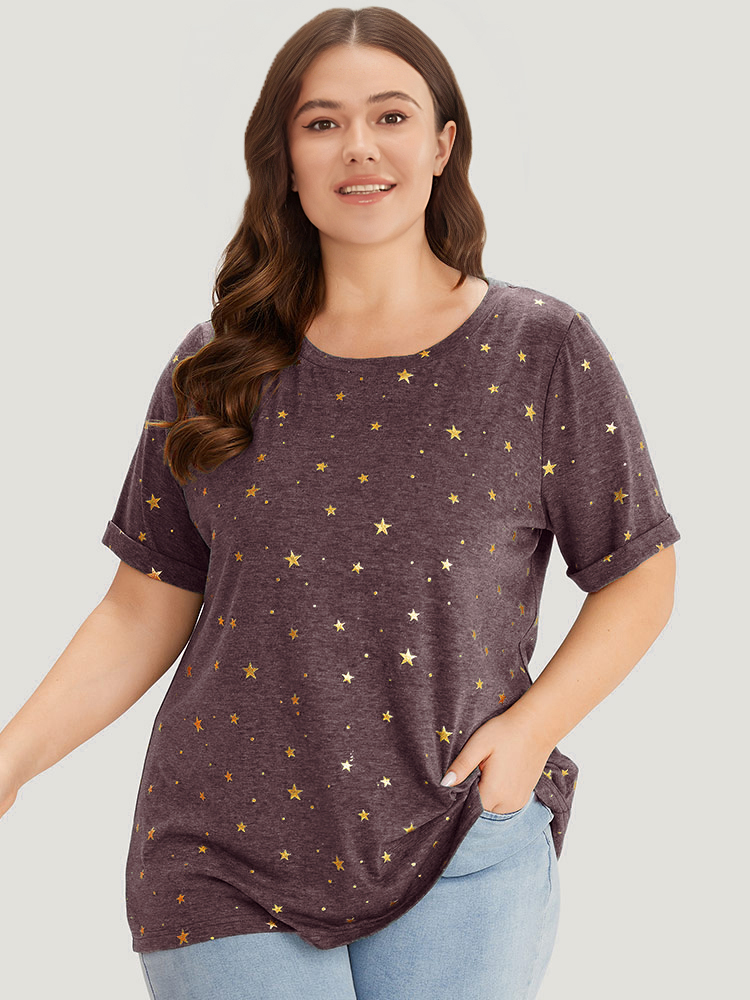 

Plus Size Star Glitter Cuffed Sleeve Crew Neck T-shirt Burgundy Women Casual Heather Moon and Star Round Neck Dailywear T-shirts BloomChic