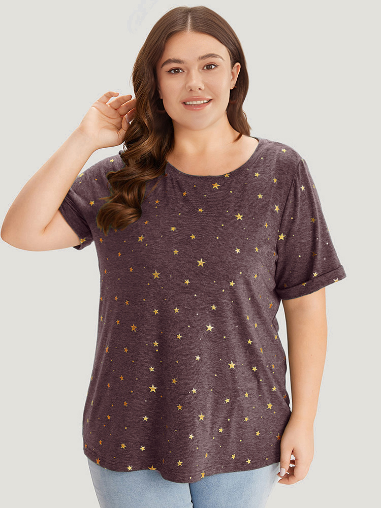 

Plus Size Star Glitter Cuffed Sleeve Crew Neck T-shirt Burgundy Women Casual Heather Moon and Star Round Neck Dailywear T-shirts BloomChic