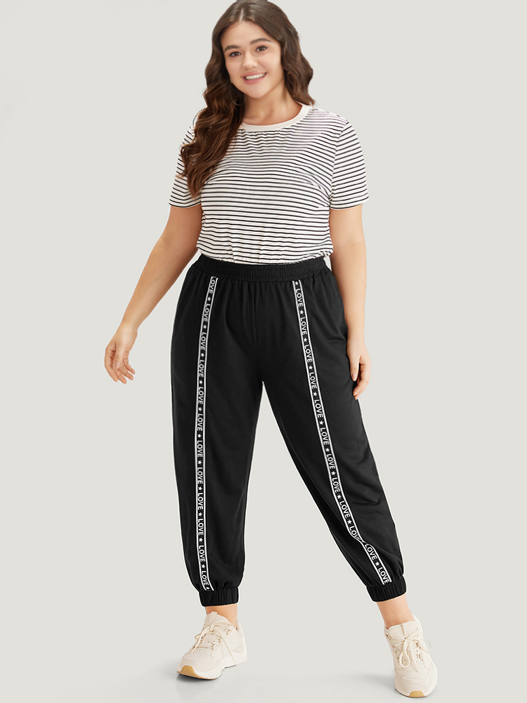 

Plain Pocket Contrast Webbing Sweatpants Black Plus Size Women Casual Dailywear Plain  Bloomchic