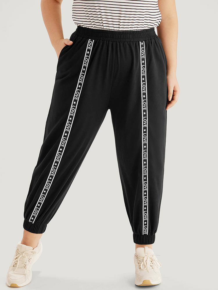 

Plain Pocket Contrast Webbing Sweatpants Black Plus Size Women Casual Dailywear Plain  Bloomchic