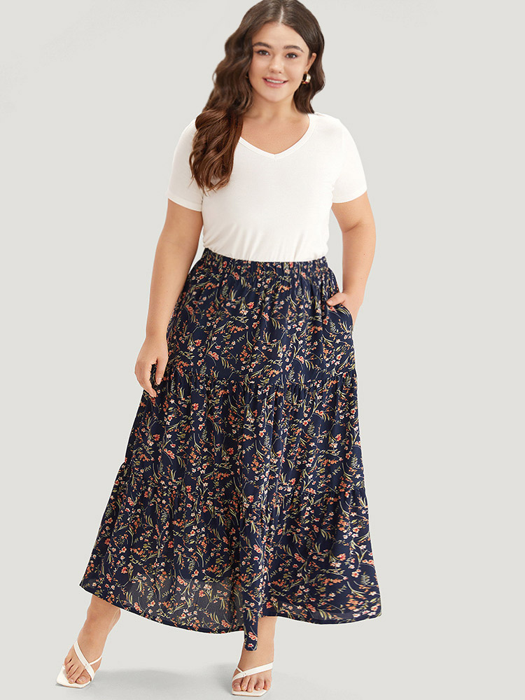 

Plus Size Floral Print Ruffle Layered Hem Pocket Elastic Waist Skirt Women Indigo Elegant Elastic Waist No stretch Pocket Dailywear Skirts BloomChic