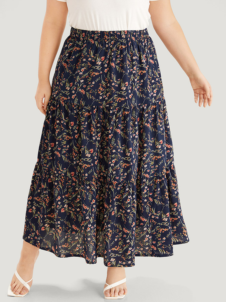 

Plus Size Floral Print Ruffle Layered Hem Pocket Elastic Waist Skirt Women Indigo Elegant Elastic Waist No stretch Pocket Dailywear Skirts BloomChic