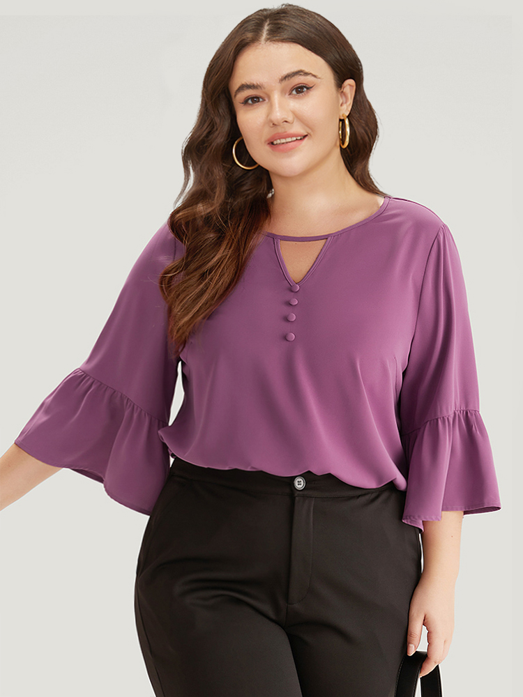 

Plus Size Mauve Plain Keyhole Bell Sleeve Button Detail Blouse Women Office Elbow-length sleeve V-neck Work Blouses BloomChic