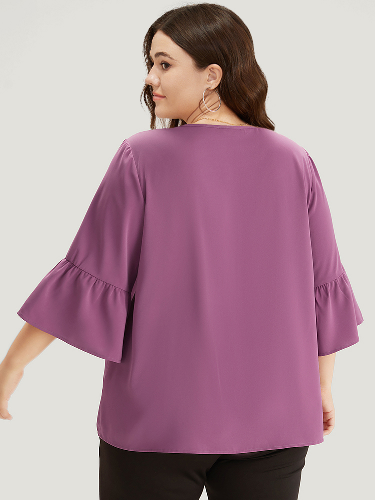 Plus Size Women Work Plain Plain Bell Sleeve Elbow-length sleeve V-neck Office Blouses BloomChic 