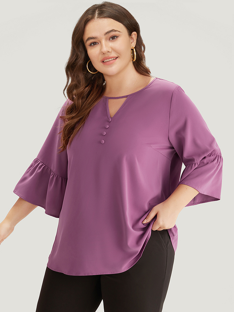 Plus Size Women Work Plain Plain Bell Sleeve Elbow-length sleeve V-neck Office Blouses BloomChic 