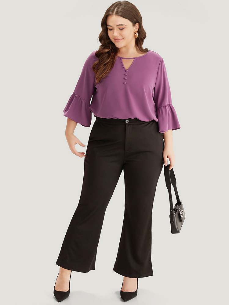 Plus Size Women Work Plain Plain Bell Sleeve Elbow-length sleeve V-neck Office Blouses BloomChic 
