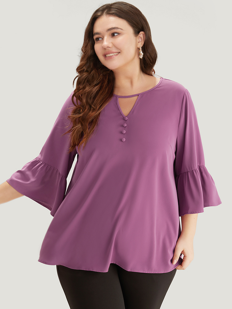 Plus Size Women Work Plain Plain Bell Sleeve Elbow-length sleeve V-neck Office Blouses BloomChic 