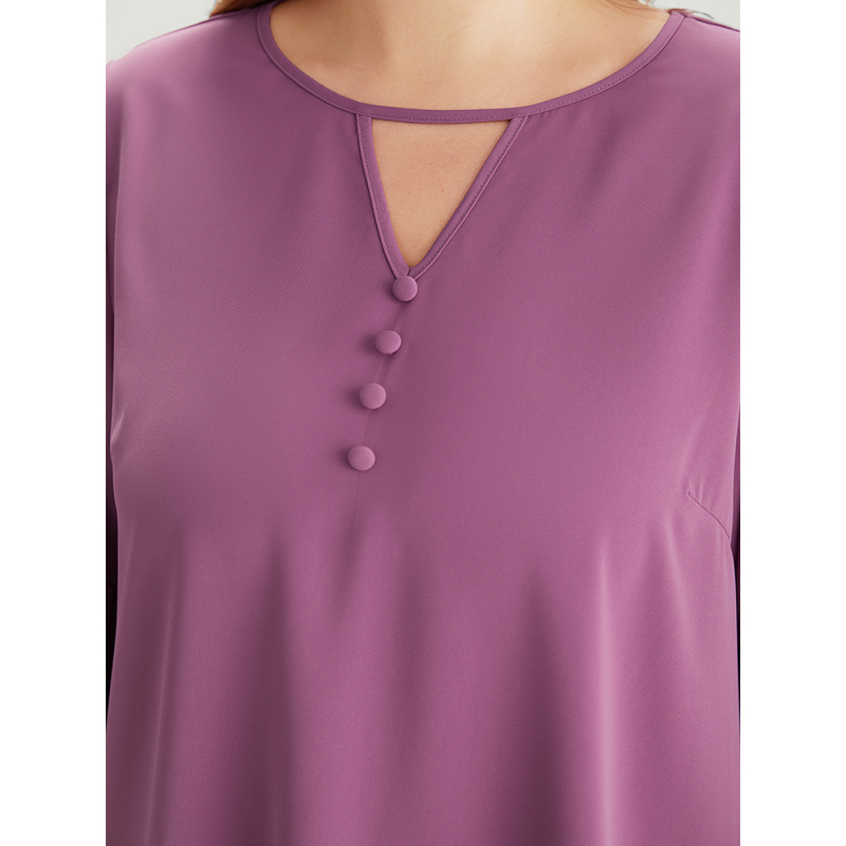 

Plus Size Mauve Plain Keyhole Bell Sleeve Button Detail Blouse Women Office Elbow-length sleeve V-neck Work Blouses BloomChic