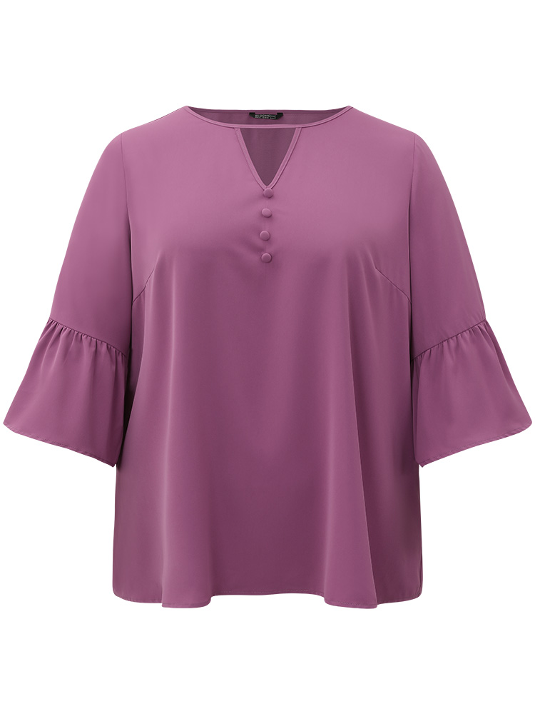 Plus Size Women Work Plain Plain Bell Sleeve Elbow-length sleeve V-neck Office Blouses BloomChic 