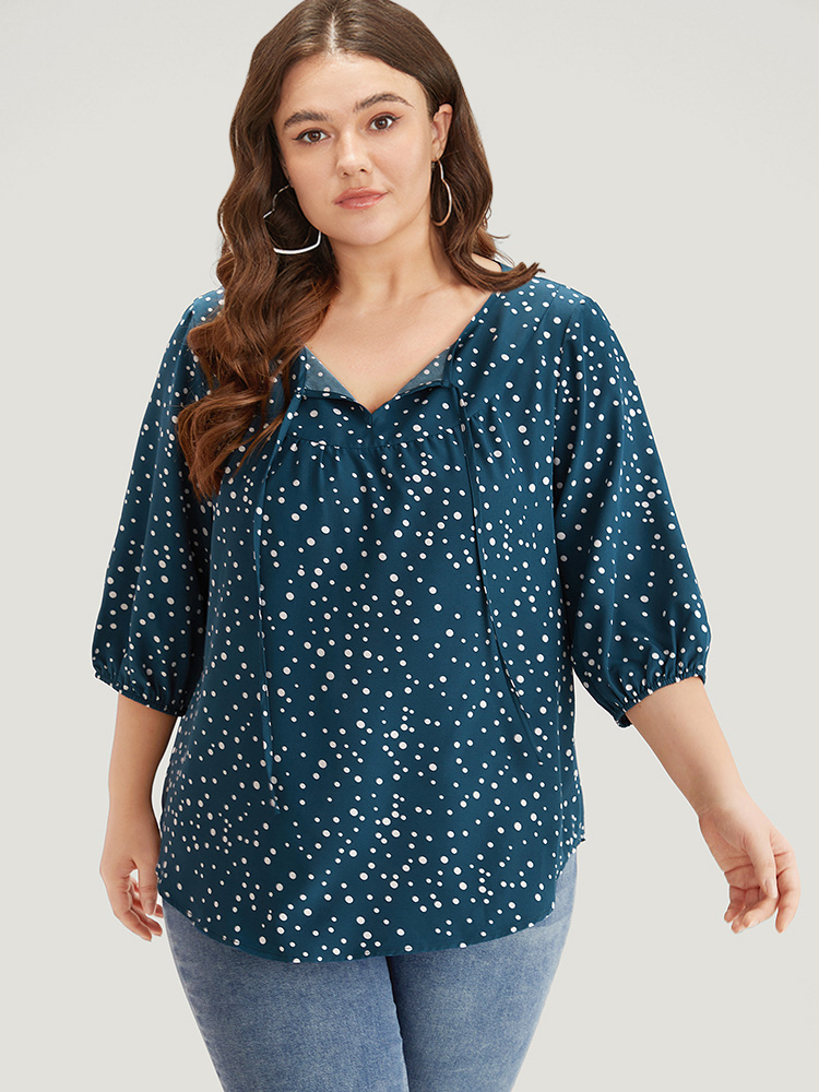 

Plus Size Aegean Polka Dot Knot Neck Arc Hem Blouse Women Elegant Elbow-length sleeve Tie Neck Dailywear Blouses BloomChic