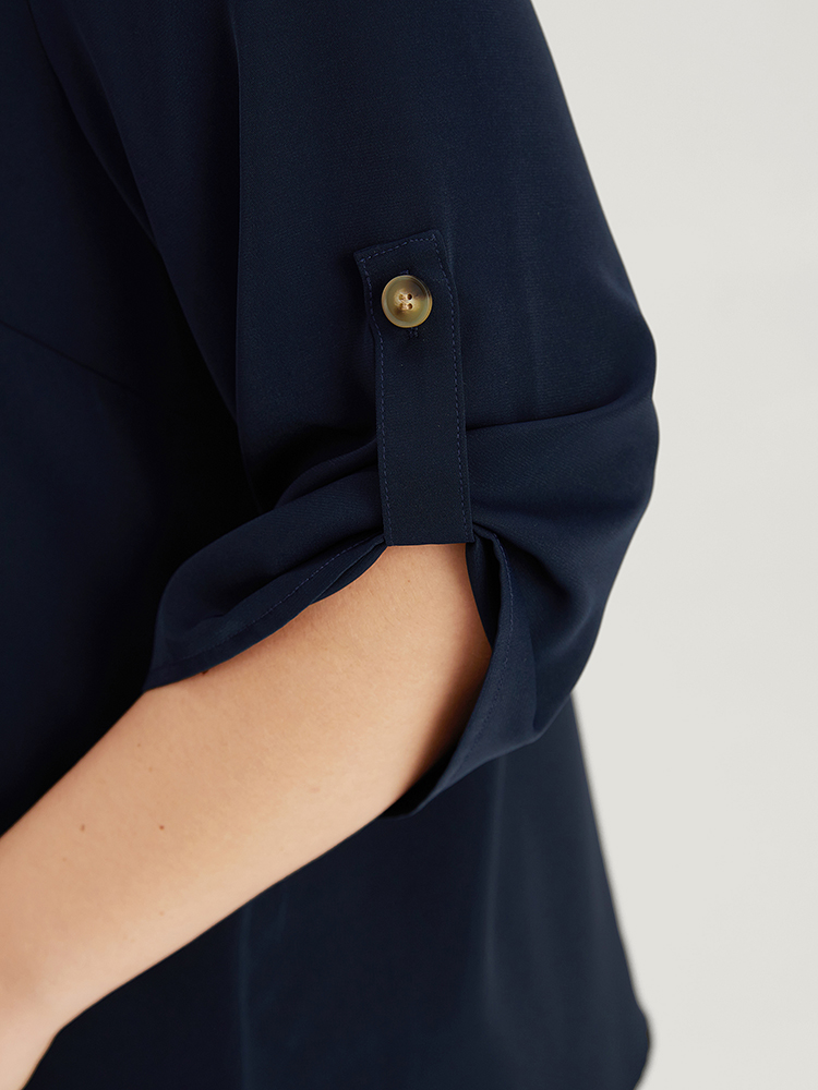 

Plus Size Indigo Plain Shirt Collar Roll Tab Sleeve Blouse Women Office Elbow-length sleeve Shirt collar Work Blouses BloomChic