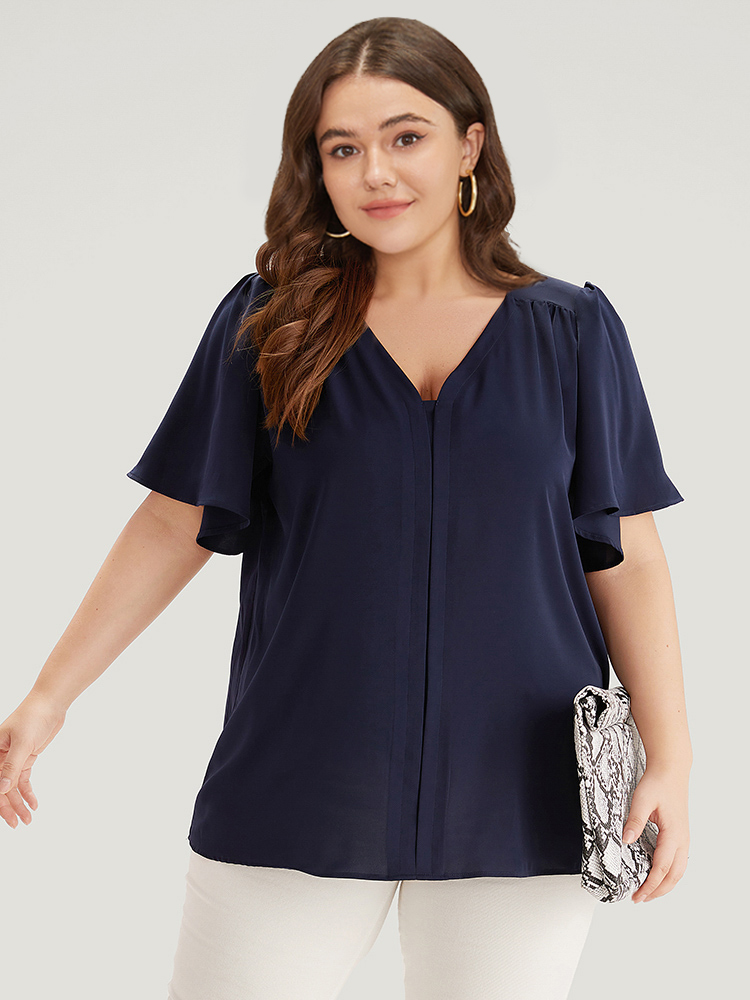 

Plus Size Indigo Plain V Neck Ruffle Sleeve Pleated Blouse Women Office Short sleeve V-neck Work Blouses BloomChic