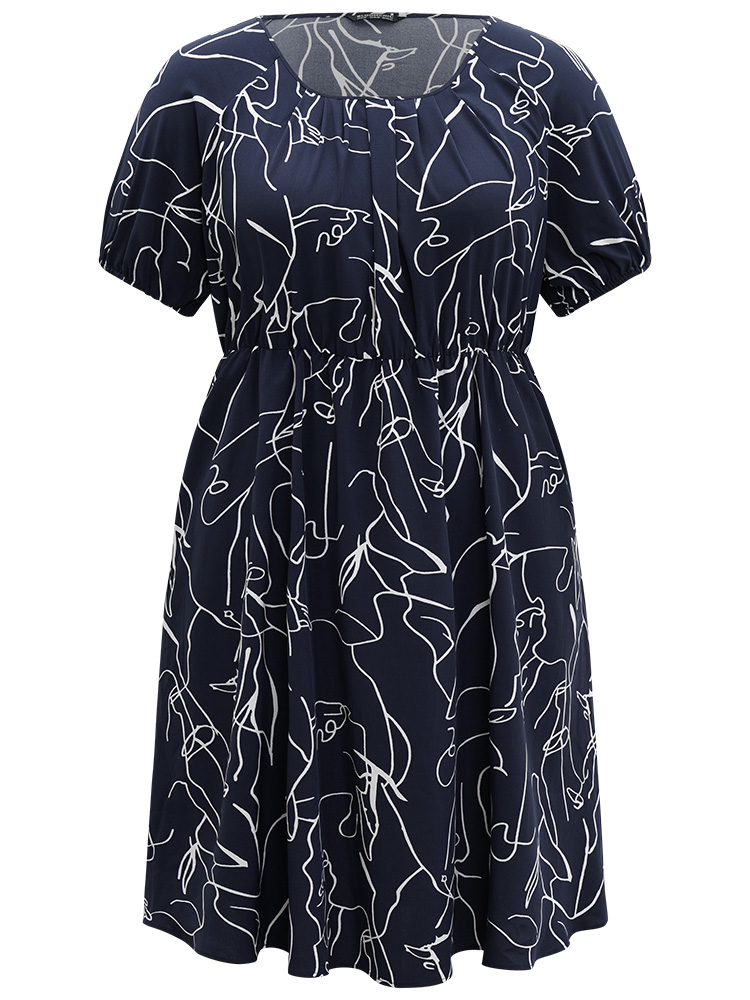 

Plus Size Graphic Print Pleated Elastic Cuffs Dress Navy Women Office Elastic cuffs Round Neck Short sleeve Curvy Midi Dress BloomChic