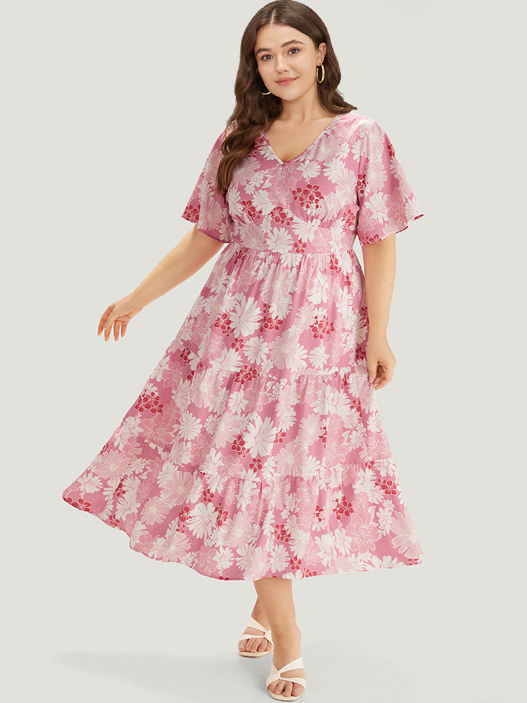 

Plus Size Floral Print Pocket V Neck Patchwork Dress Pink Women Elegant Printed V-neck Short sleeve Curvy Midi Dress BloomChic