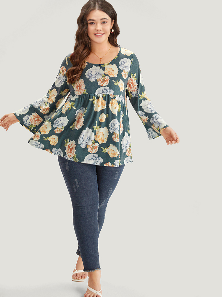 

Plus Size Floral Print Crew Neck Gathered Flutter Hem Bell Sleeve T-shirt Multicolor Round Neck Long Sleeve Elegant Jersey Tops