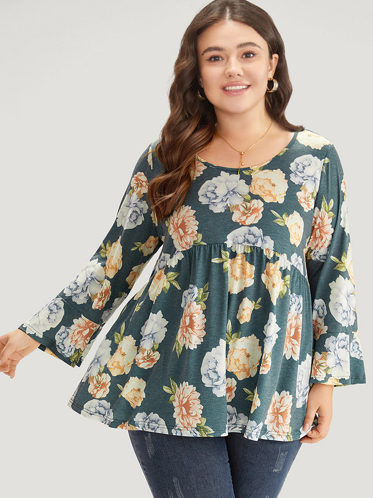 

Plus Size Floral Print Crew Neck Gathered Flutter Hem Bell Sleeve T-shirt Multicolor Round Neck Long Sleeve Elegant Jersey Tops