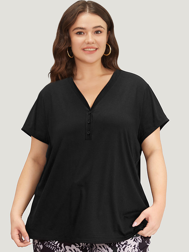 

Plus Size Plain V Neck Button Up Sleep Top Black Plain Short sleeve V-neck Dailywear Casual  Bloomchic