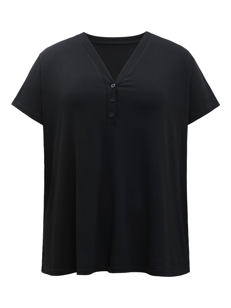 

Plus Size Plain V Neck Button Up Sleep Top Black Plain Short sleeve V-neck Dailywear Casual  Bloomchic