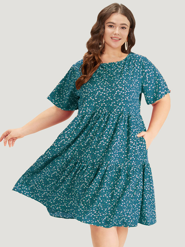 

Plus Size Ditsy Floral Pocket Layered Patchwork Crew Neck Dress Teal Women Elegant Printed Round Neck Short sleeve Curvy Midi Dress BloomChic