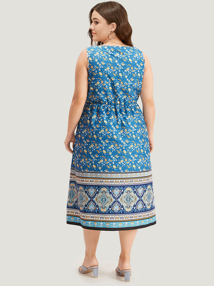 

Plus Size Boho Print Ruffles Pocket Sleeveless Dress Blue Women Vacation Printed V-neck Sleeveless Curvy Midi Dress BloomChic