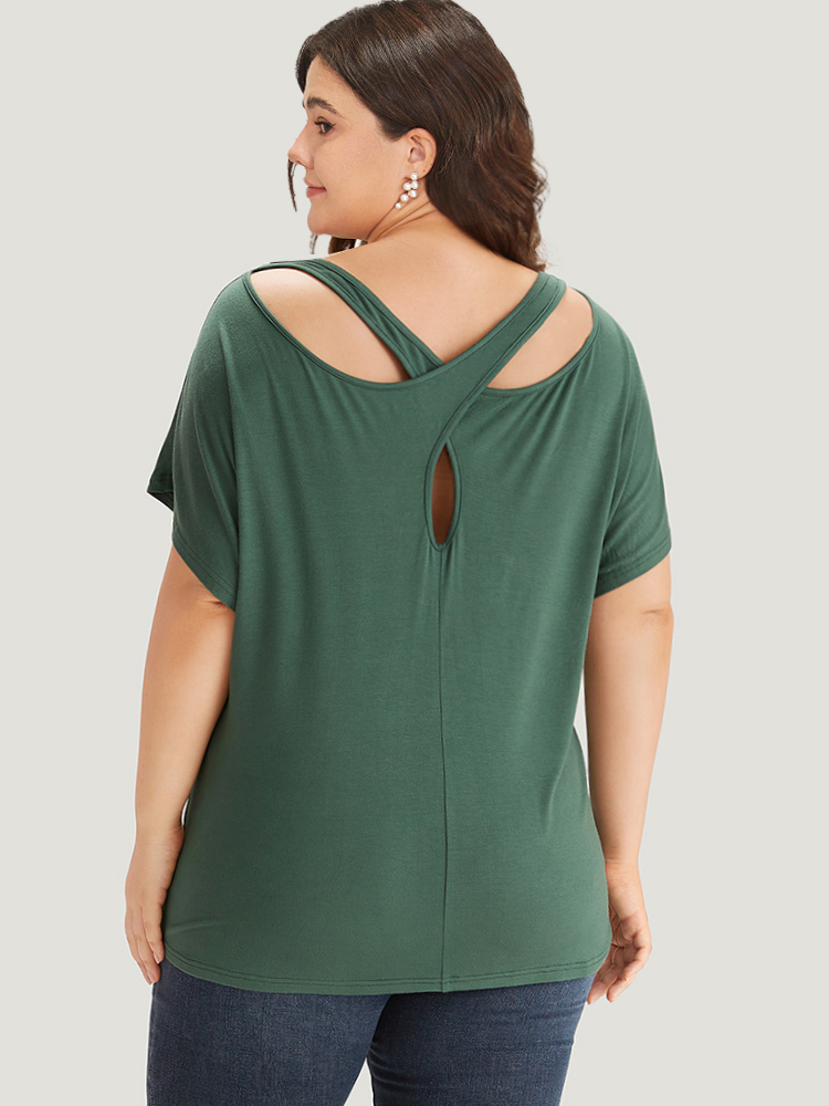 Plus Size Women Dailywear Plain Backless Dolman Sleeve Short sleeve Round Neck Elegant T-shirts BloomChic 