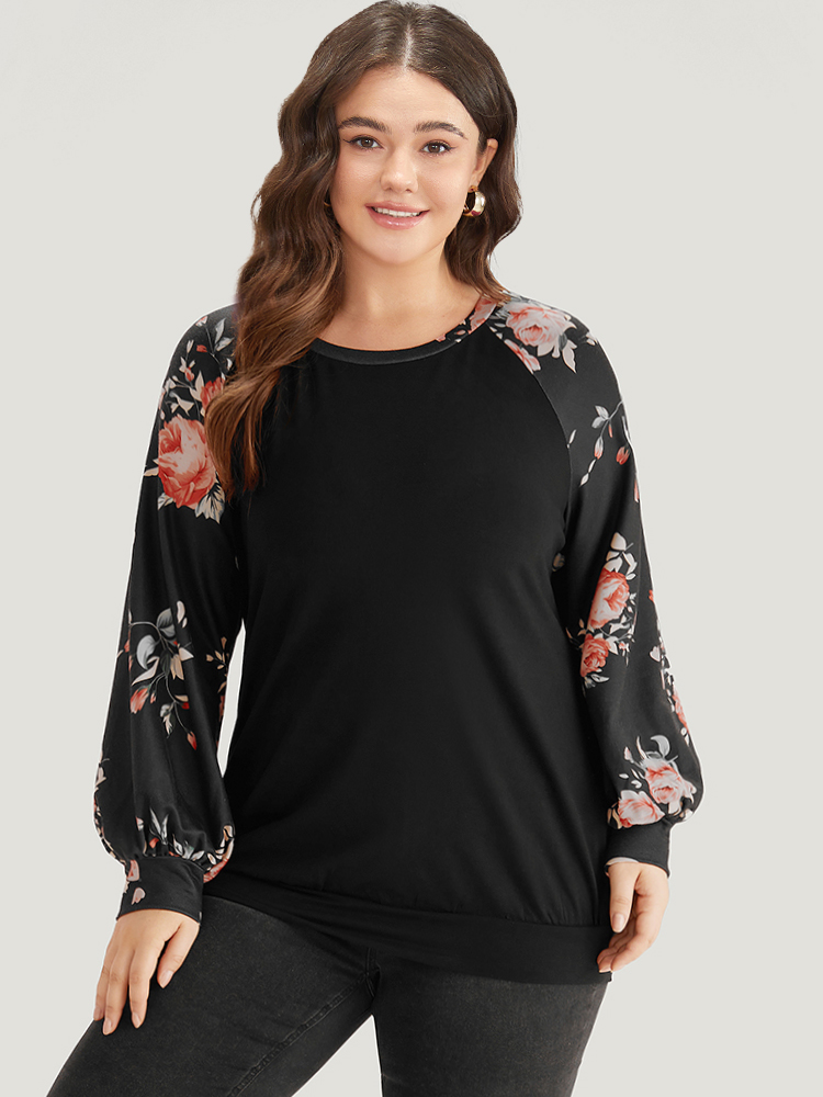 

Plus Size Floral Print Raglan Sleeve Patchwork Sweatshirt Women Black Elegant Printed Round Neck Everyday Sweatshirts BloomChic