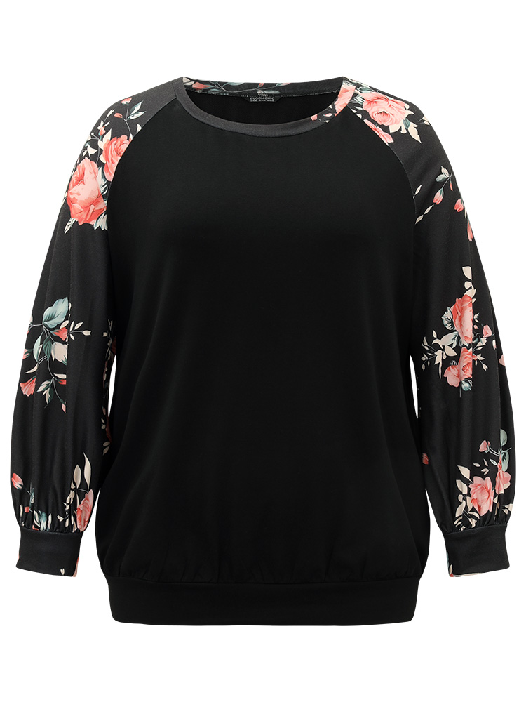 

Plus Size Floral Print Raglan Sleeve Patchwork Sweatshirt Women Black Elegant Printed Round Neck Everyday Sweatshirts BloomChic