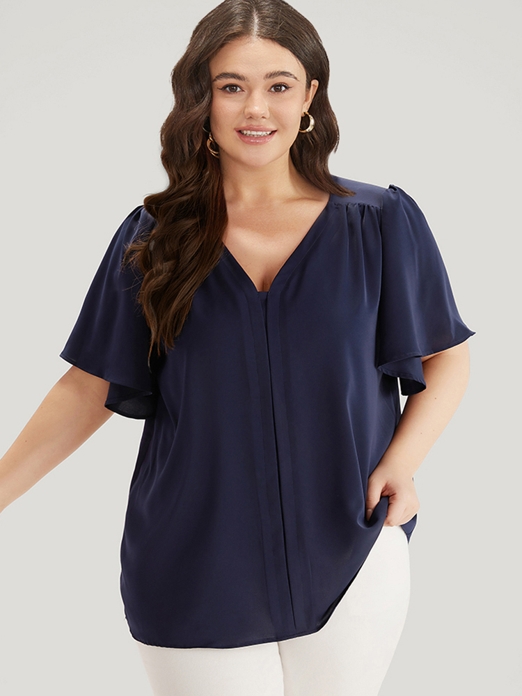 

Plus Size Indigo Plain V Neck Ruffle Sleeve Pleated Blouse Women Office Short sleeve V-neck Work Blouses BloomChic