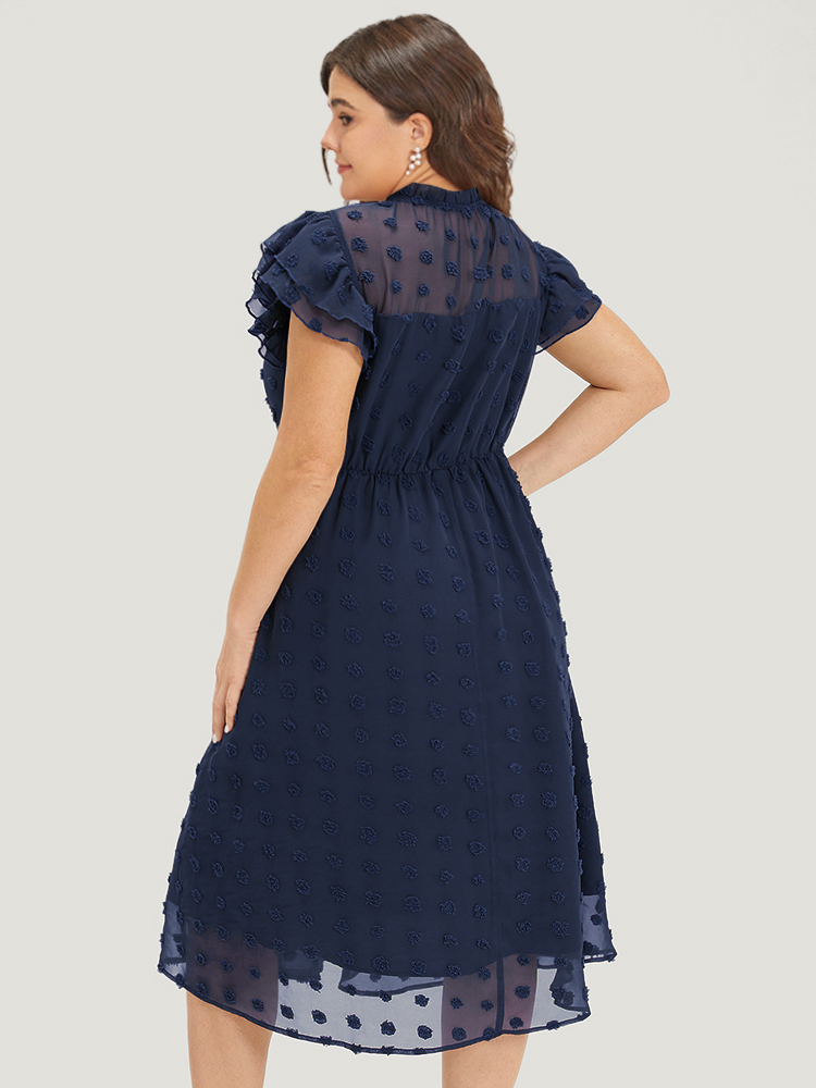 Plus Size Solid Polka Dot Mesh Frill Trim Flutter Dress Navy Women Office Texture Mock Neck Sleeveless Curvy Midi Dress BloomChic 30/6X 