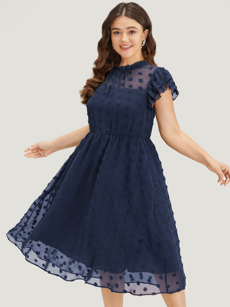 Plus Size Solid Polka Dot Mesh Frill Trim Flutter Dress Navy Women Office Texture Mock Neck Sleeveless Curvy Midi Dress BloomChic 30/6X 