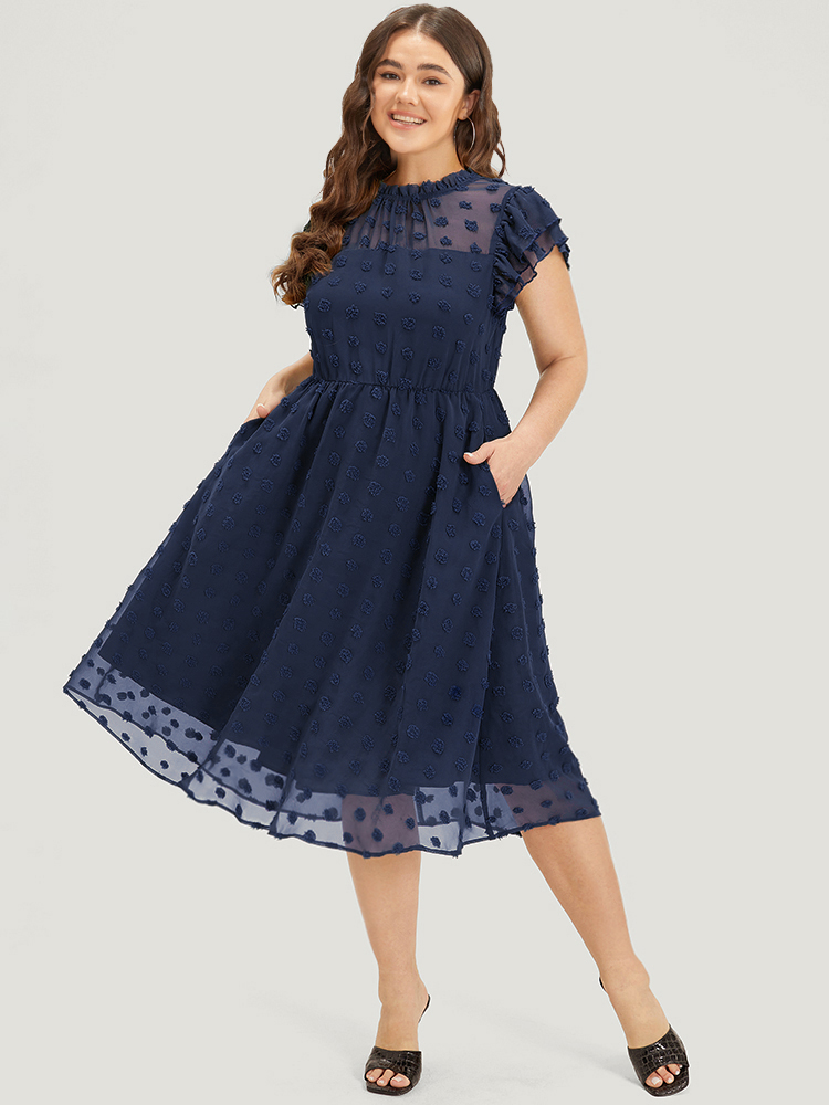 Plus Size Solid Polka Dot Mesh Frill Trim Flutter Dress Navy Women Office Texture Mock Neck Sleeveless Curvy Midi Dress BloomChic 30/6X 