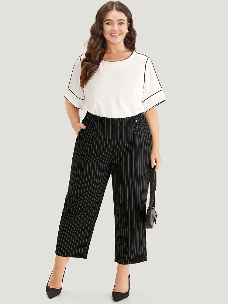 

Plus Size Striped Button Detail Pocket Pleated Pants Women Black Office Straight Leg High Rise Work Pants BloomChic